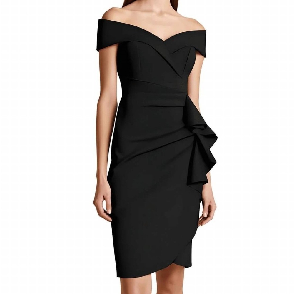 XSCAPE Scuba Off The Shoulder Black V Neck Ruffle Dress Womens Size 8 NWT